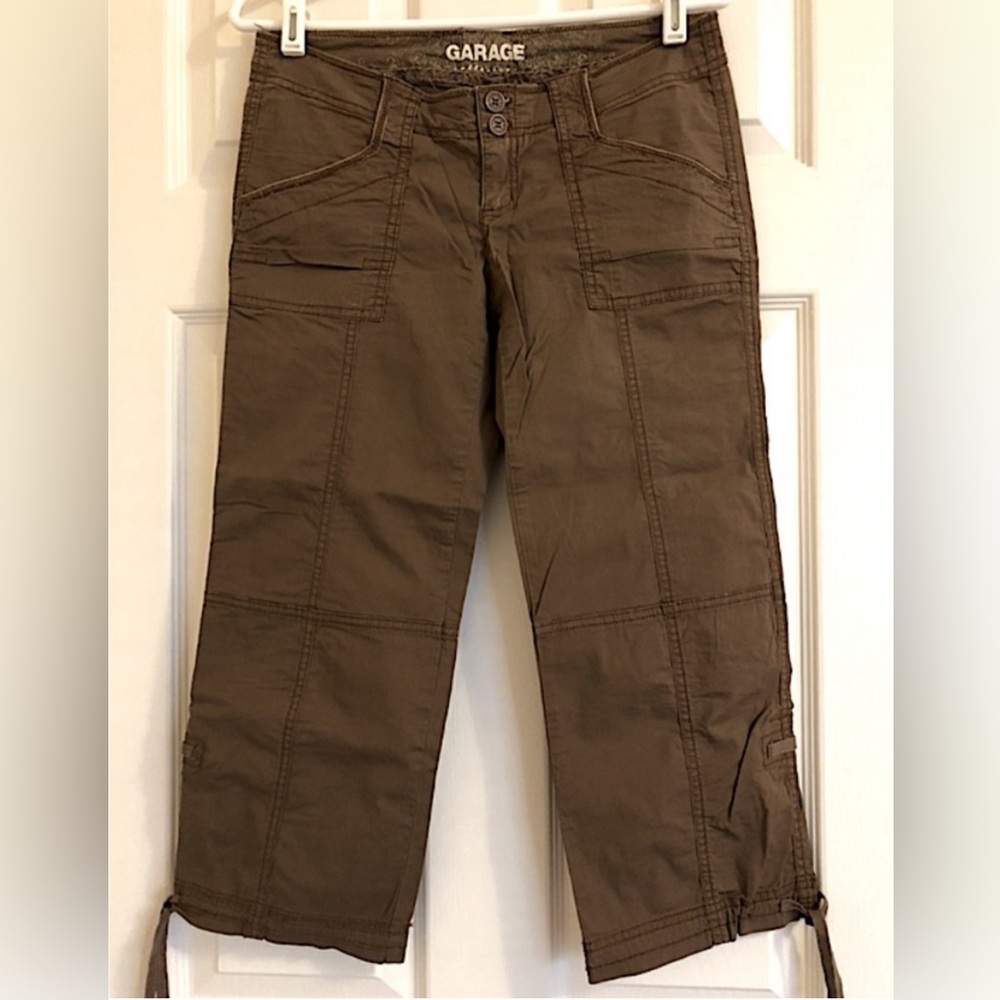 🤎 GARAGE Vintage Capri Cropped Lightweight Brown Stretch Cargo Capri Pants | S
